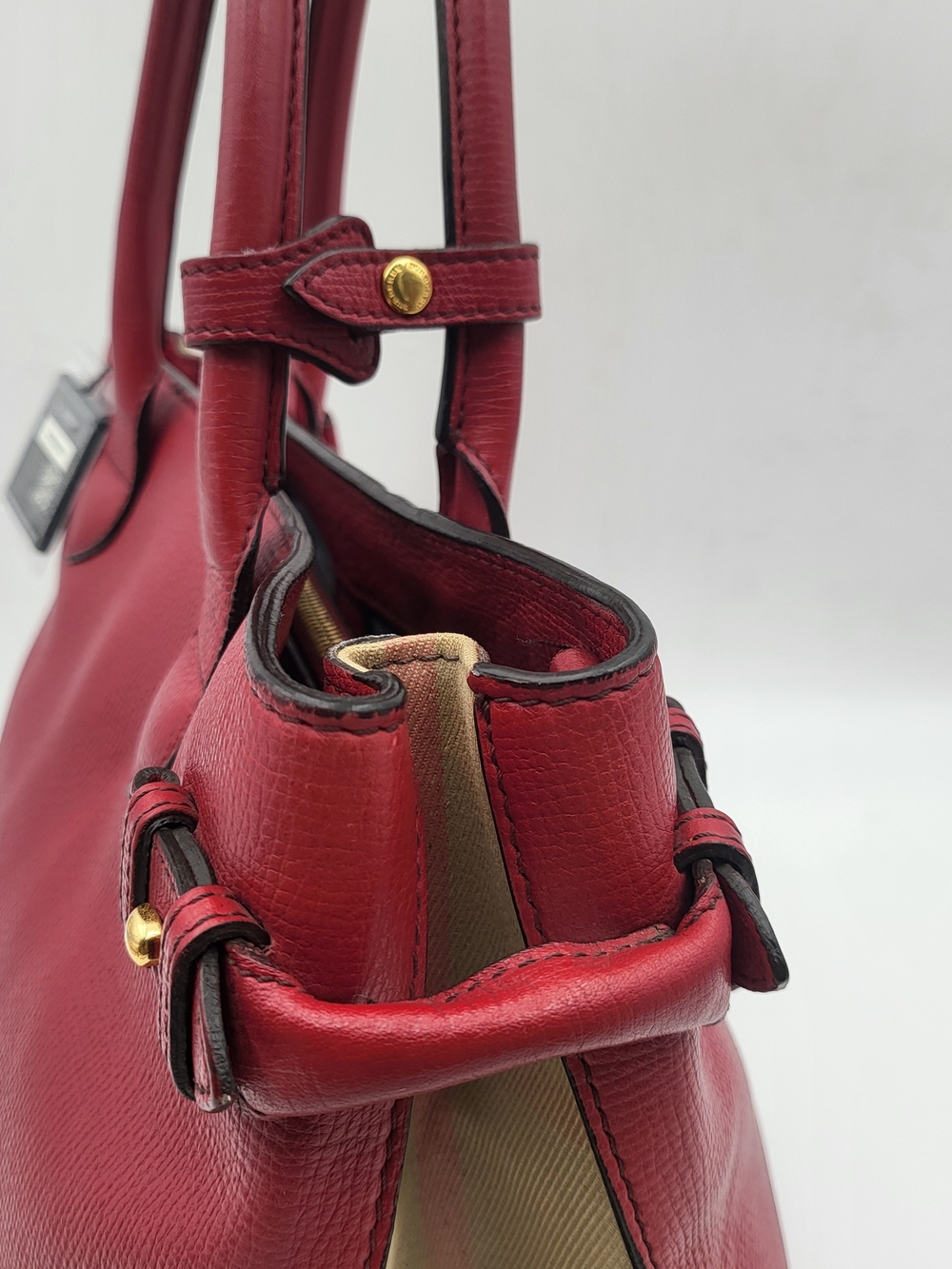 BURBERRY Grainy Calfskin House Check Medium Banner Tote Red, Auth w/COA. - Picture 5 of 16